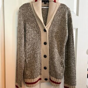 Cabin style Gray and Cream Cardigan with Red Accents